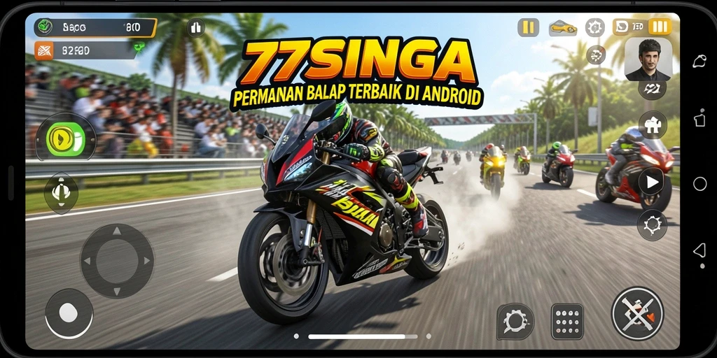 Screenshot utama 77SINGA menampilkan aksi balap motor yang mendebarkan.