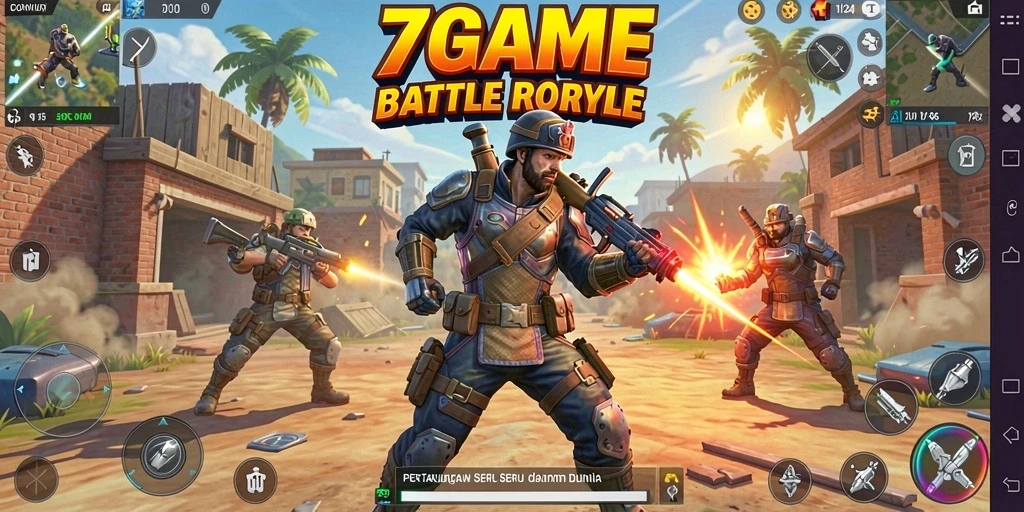 Screenshot gameplay dinamis 7GAME dalam pertarungan Battle Royale.