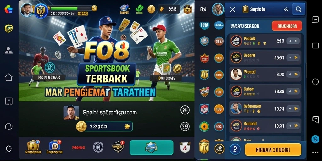 Screenshot gameplay FO8 yang menampilkan antarmuka Sportsbook.
