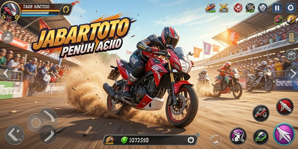 Screenshot gameplay JABARTOTO menampilkan balapan motor yang intens.
