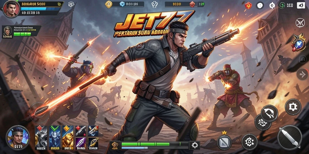 Screenshot gameplay JET77 menampilkan pertarungan epik antara karakter.