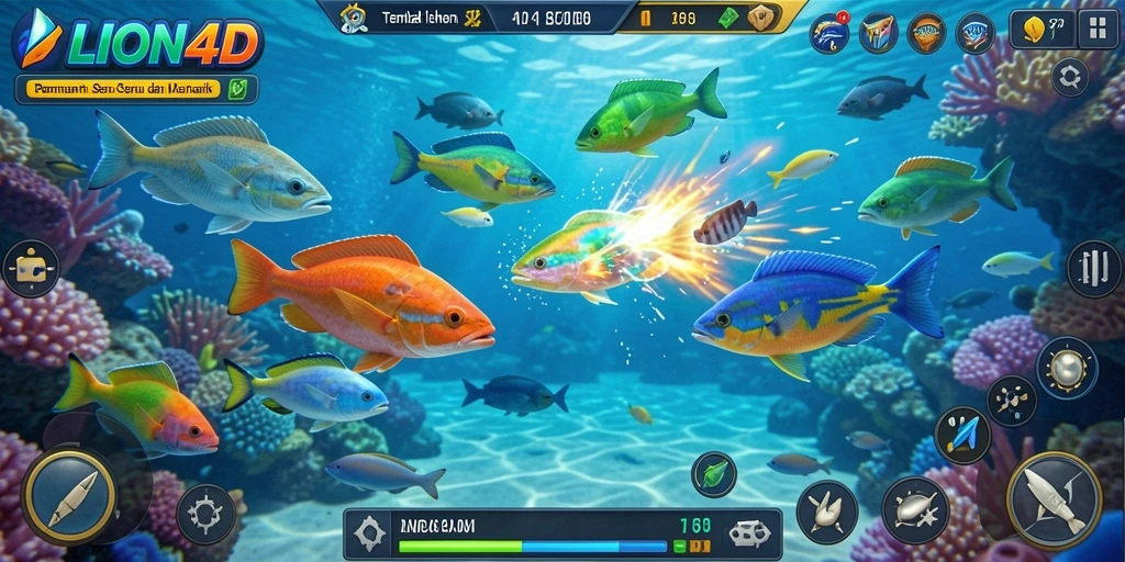 Tampilan gameplay seru LION4D saat menembak ikan.