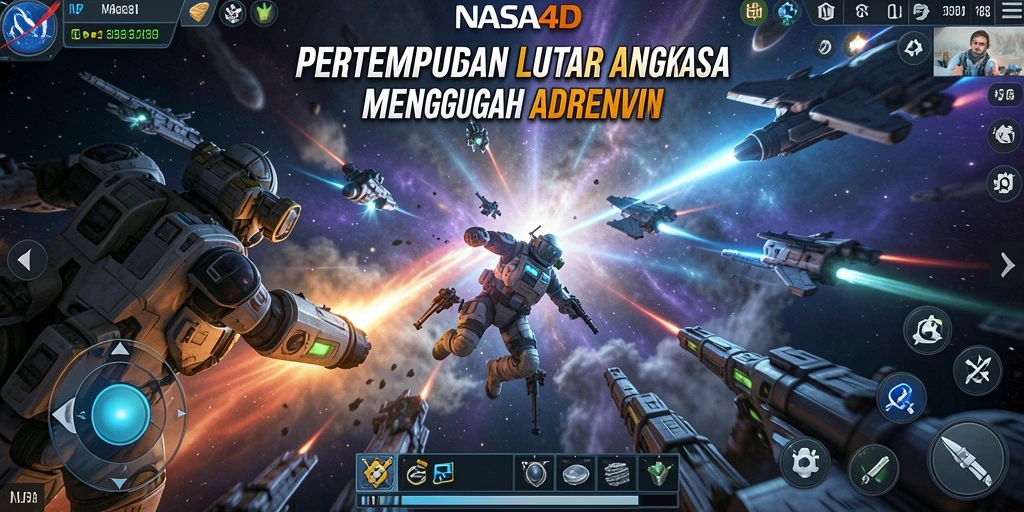 Screenshot menunjukkan aksi seru dalam pertempuran luar angkasa gameplay FPS.