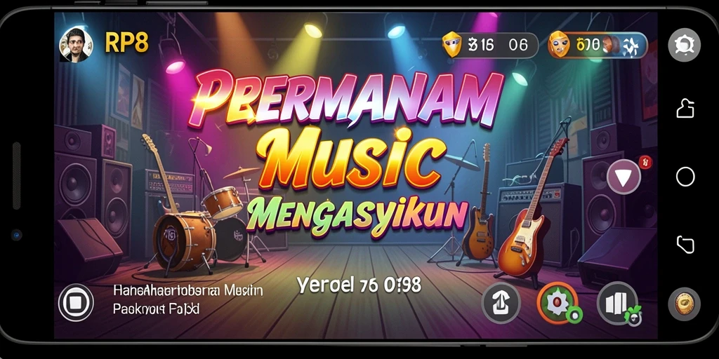 Screenshot utama RP8 menampilkan gameplay seru dengan musik yang mengalun.