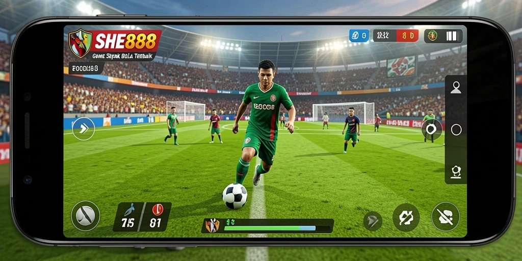 Tangkapan layar gameplay SHE888 yang menunjukkan aksi pertandingan sepak bola.