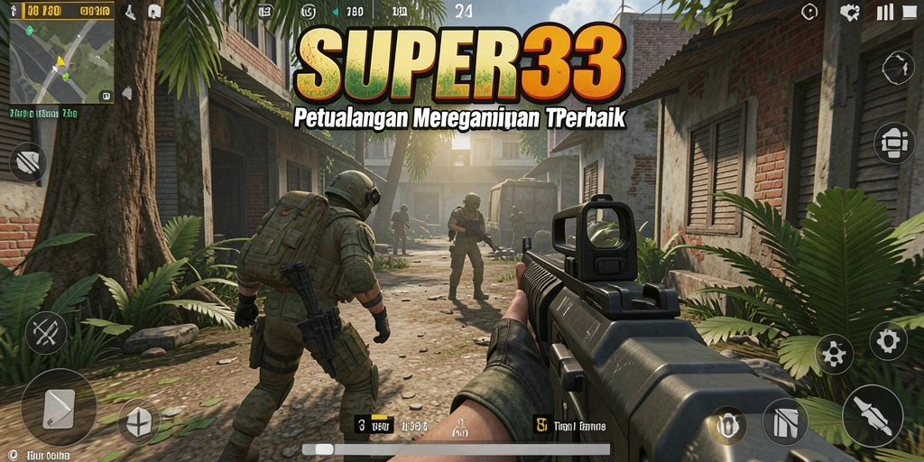 Tangkapan layar utama SUPER33 yang menunjukkan aksi gameplay TPS yang seru.