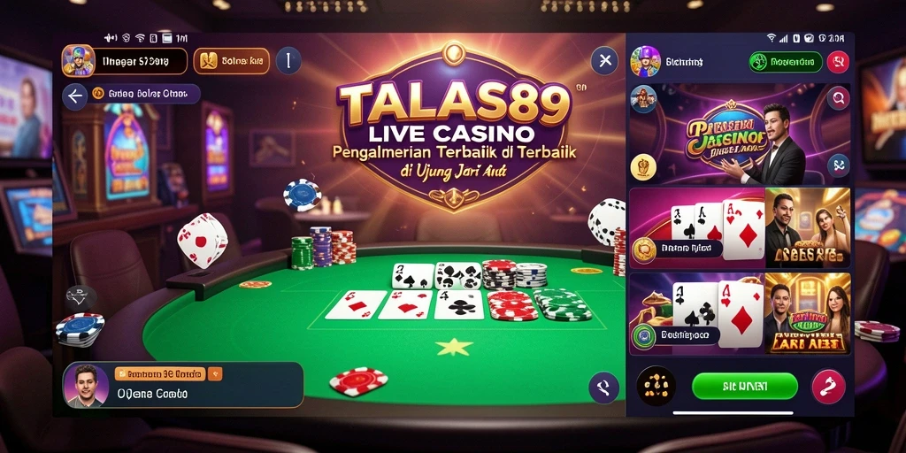 Screenshot gameplay TALAS89 menampilkan dealer langsung dan suasana casino yang menarik.