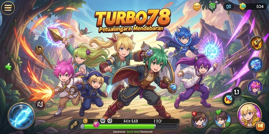 Tampilan gameplay TURBO78 yang menarik dengan karakter anime dan aksi seru.