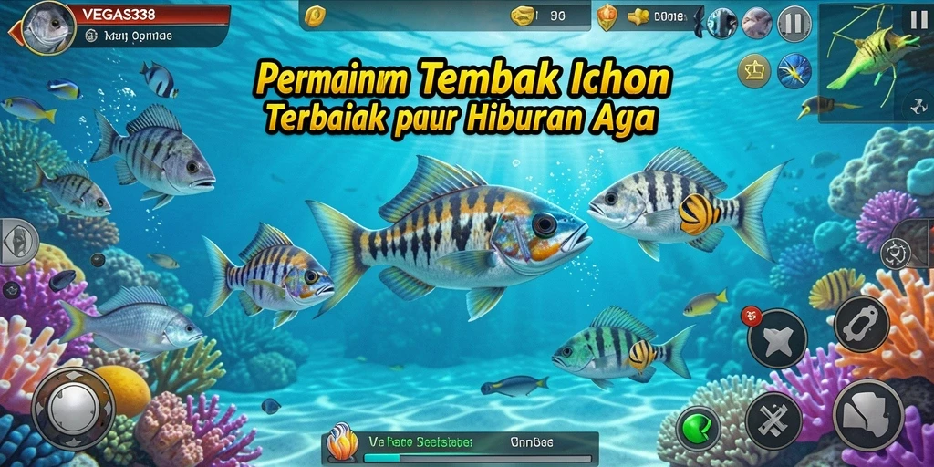 Screenshot gameplay Tembak Ikan dengan ikan berwarna-warni dan senjata menarik.
