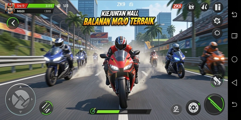 Tangkapan layar ZK9 menampilkan balapan motor yang mendebarkan.